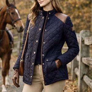 Lauren Ralph Lauren Quilted Equestrian Jacket Faux Leather Trim Brown Black S